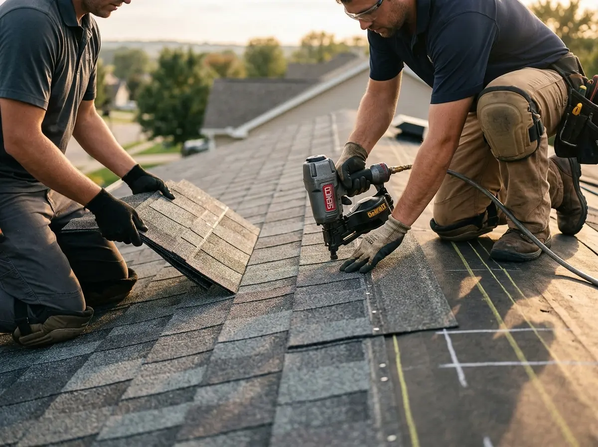 Professional roofer working on a residential roof in Friendswood